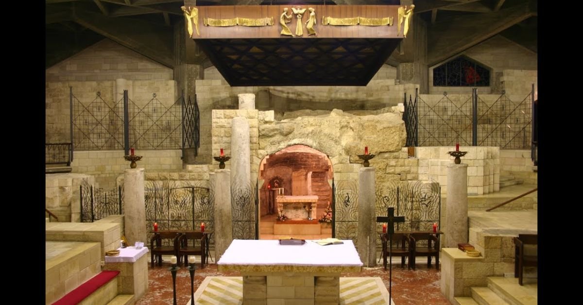 The tranquil interior of the Basilica of the Annunciation, highlighting its historical grotto.